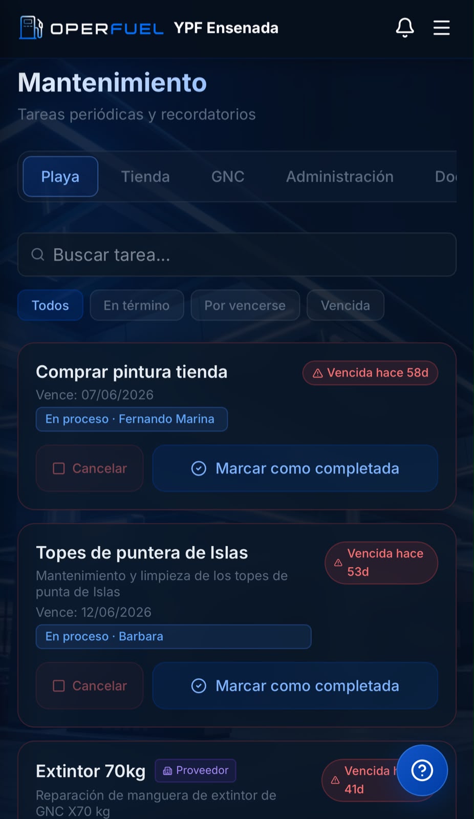 OperFuel en el celular: tareas de mantenimiento con vencimientos y responsables