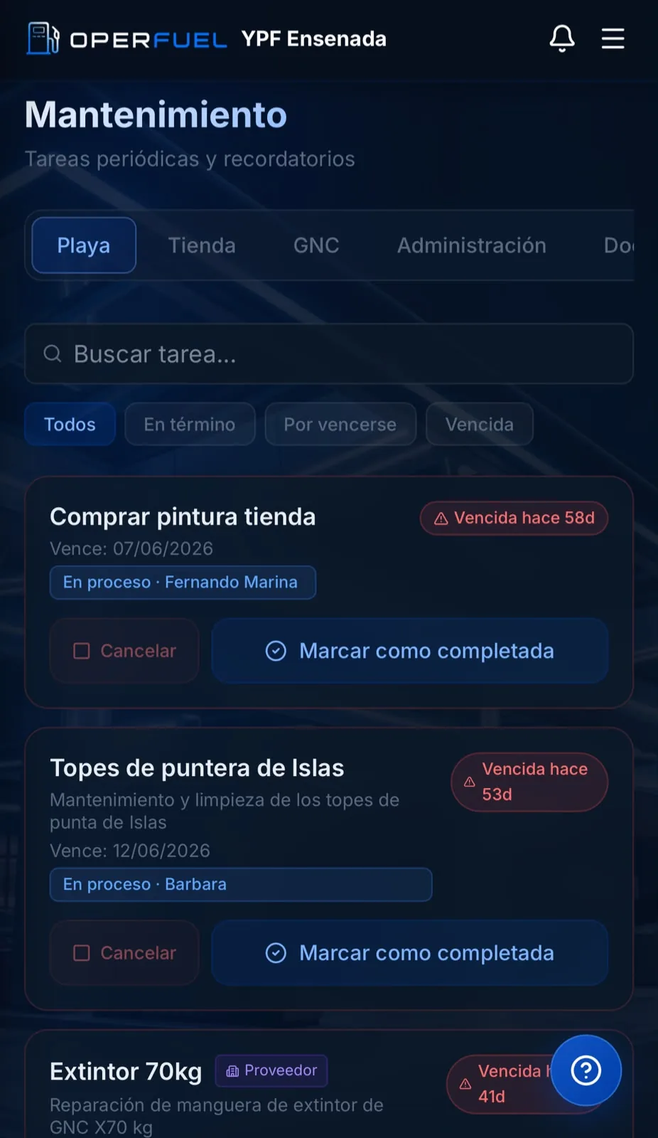 OperFuel en el celular: tareas de mantenimiento con vencimientos y responsables